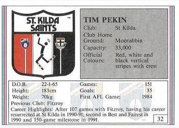 1992 AFL Regina #32 Tim Pekin Back